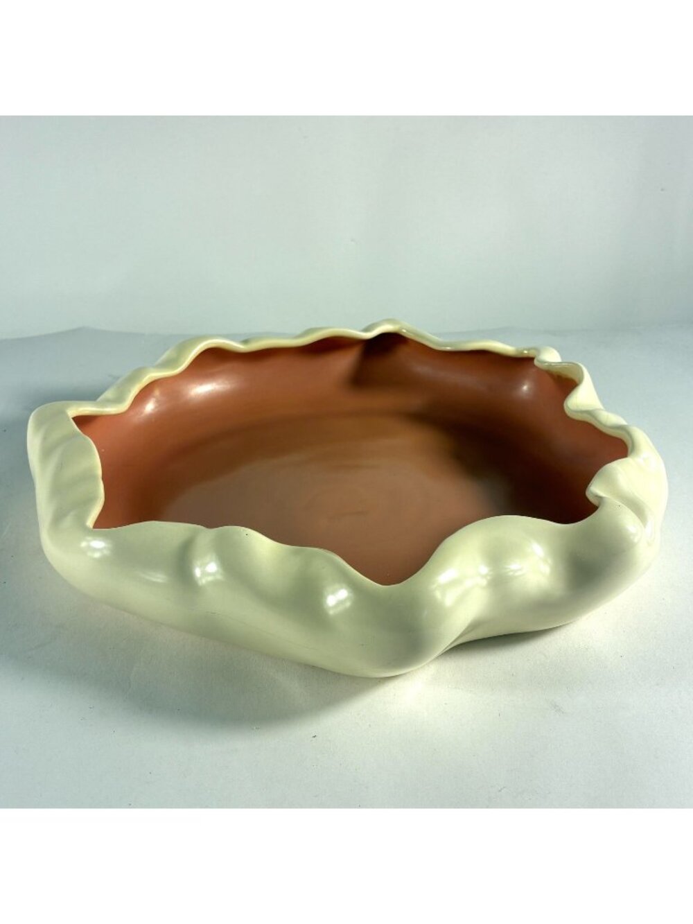 Vintage Poppytrail Metlox Ruffled Bowl Terracotta & Cream Ceramic 11" USA